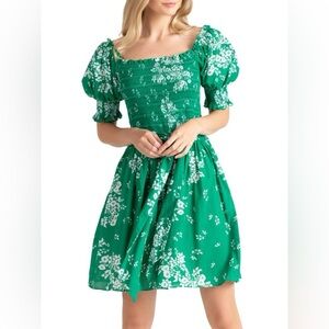 Shoshanna Cosmos Puff-Sleeve Short Sleeve Smocked Mini Dress with Belt Size 8